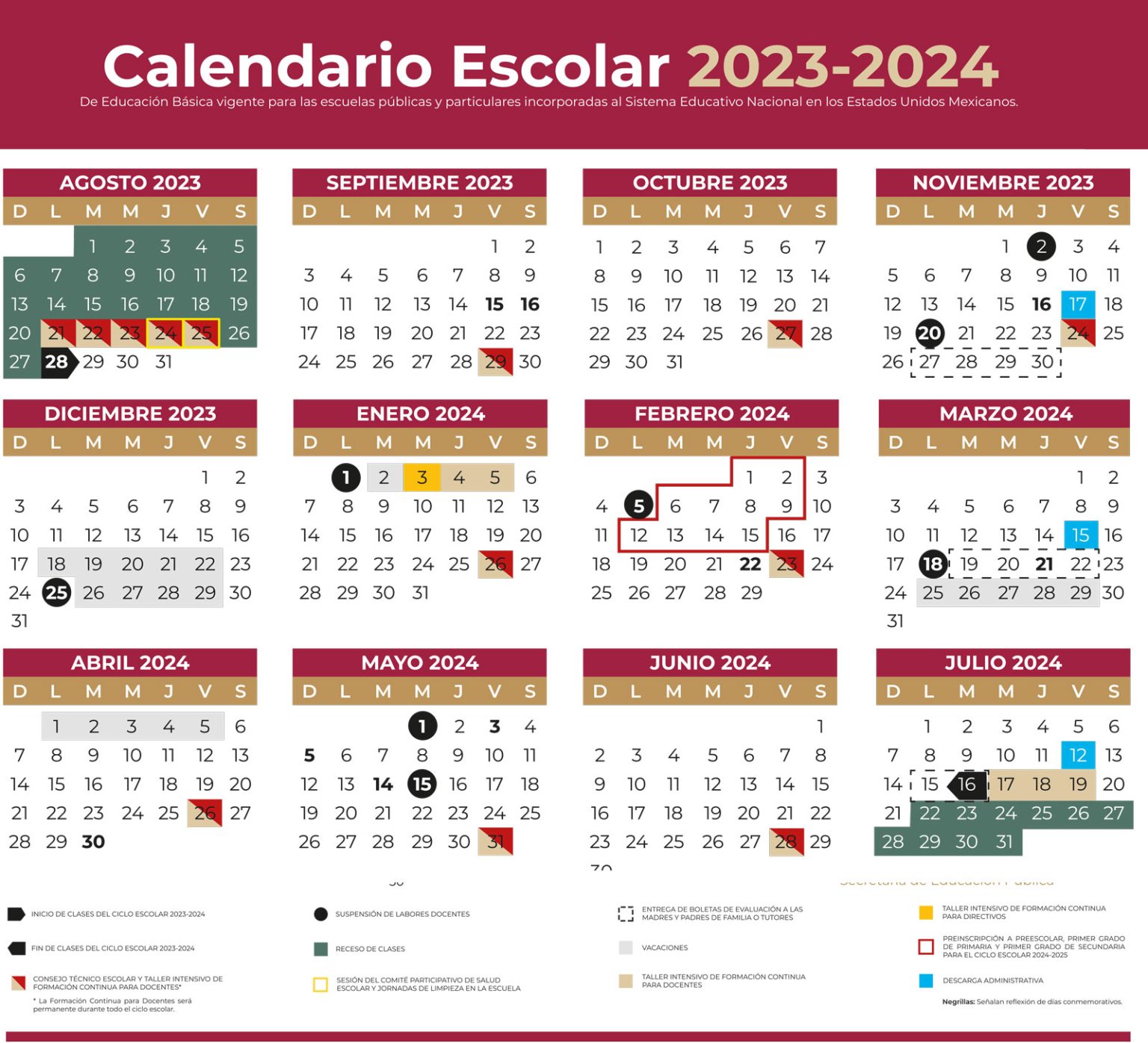 Calendario Escolar SEP 20232024 190 días Liceo Alexander Dul